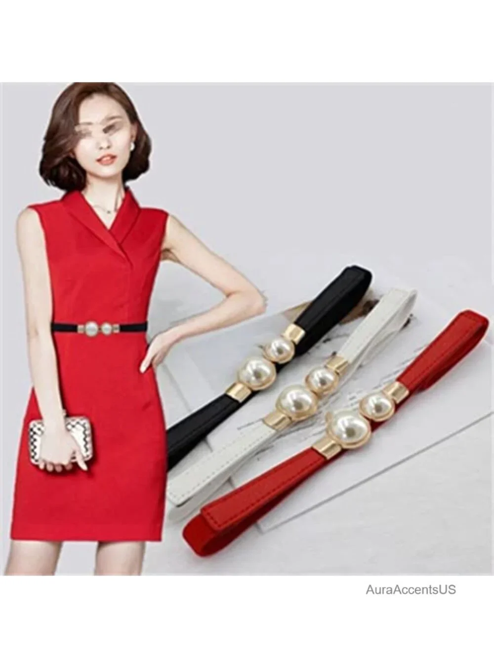 PU Leather Pearl Embellished Stretch Waist Belt for Dresses